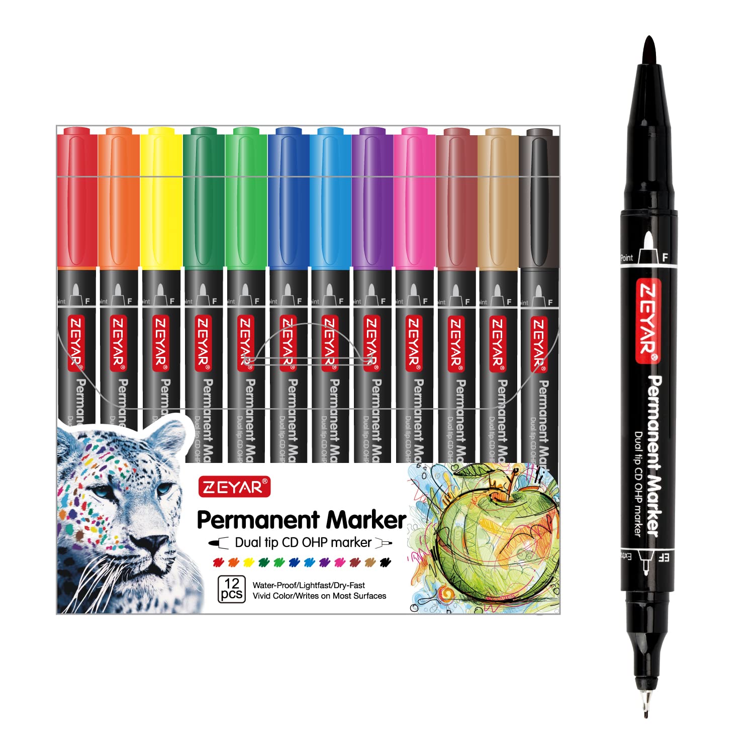 ZEYAR Twin Tip Permanent Markers, CD/DVD Markers, 12 Color, Ultra Fine Point and Fine Point for Signature and Marking (12 Colors)