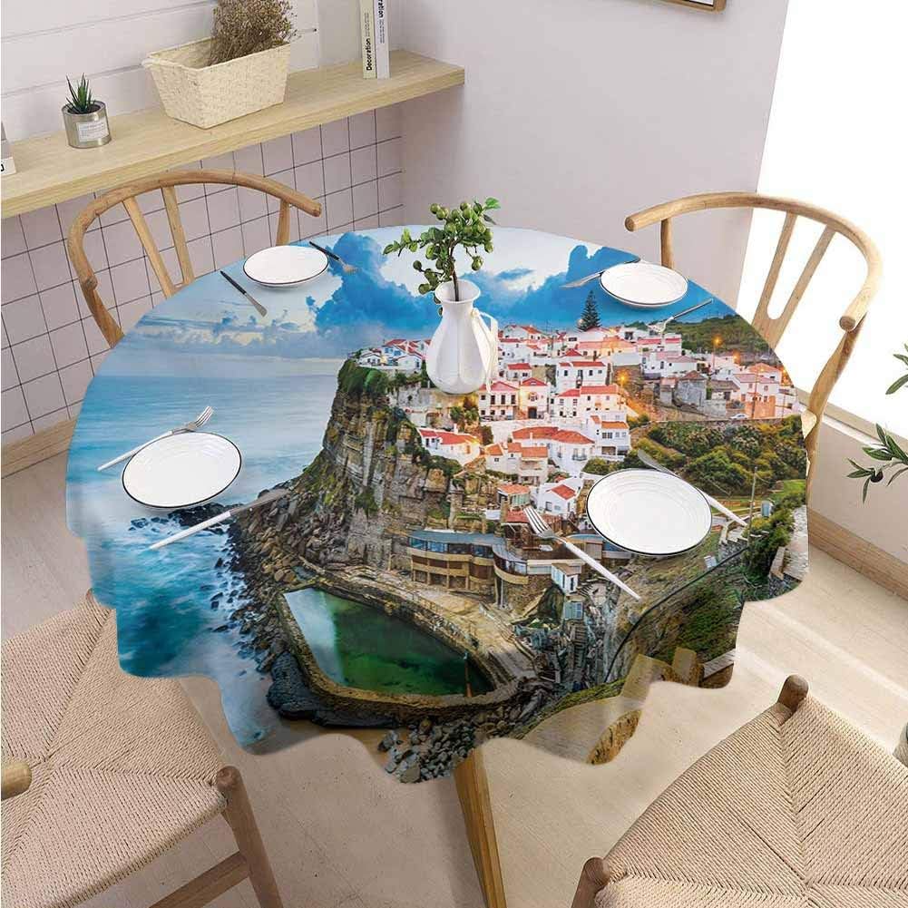 DILITECK Mediterranean Terrace Round Tablecloth Portuguese Town Coast Azenhas do Mar Beach by Cliffs Village Shore Theme Picnic Diameter 54" Multicolor