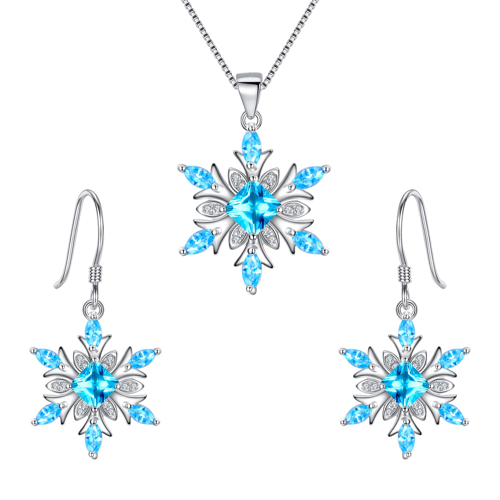 Ever Faith Snowflake Jewelry Set, 925 Sterling Silver Sea Blue CZ, Winter Snowflake Necklace Earrings Set