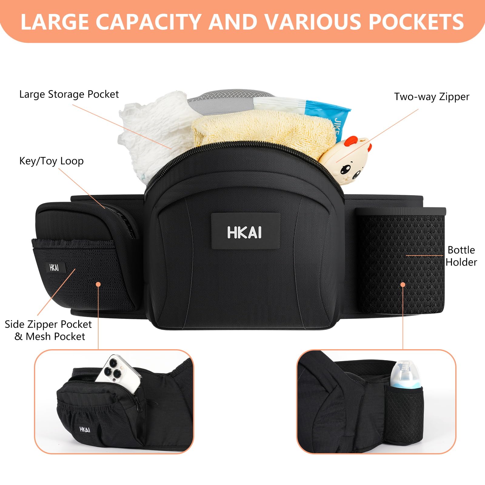 HKAI Baby Carrier Hip Seat, Mom’s Choice Award Winner, Advanced Large Capacity Pocket with Adjustable Waistband, Shock Absorption Hip Seat Surface for Newborns & Toddlers, (Black)