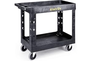 ELAFROS Heavy Duty Plastic Utility Cart 34 x 17 Inch - Work Cart Tub Storage W/Deep Shelves and Full Swivel Wheels Safely Holds up to 550 lbs - 2 Tier Service Cart for Warehouse,Garage, Cleaning