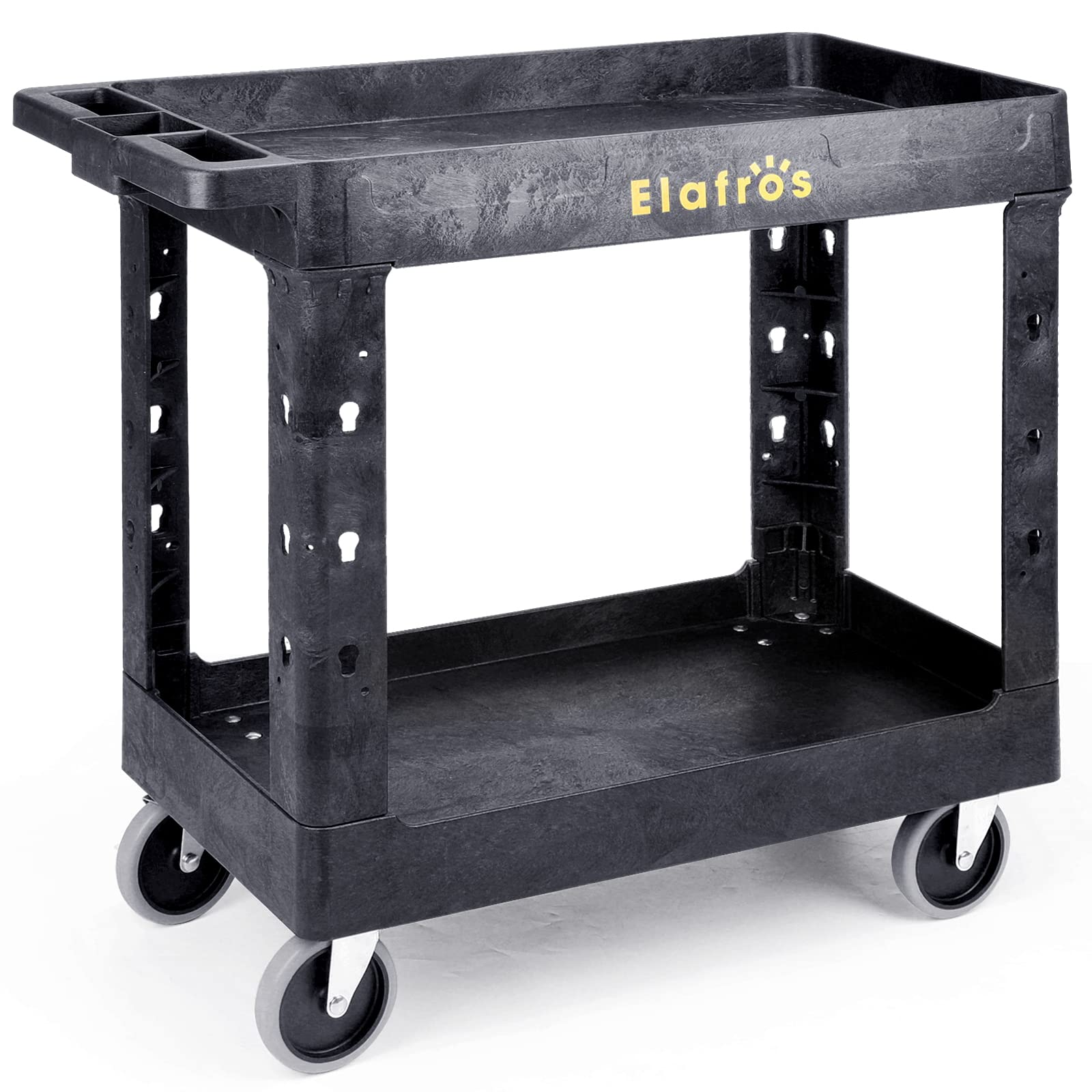 Photo 1 of ELAFROS Heavy Duty Plastic Utility Cart 34 x 17 Inch - Work Cart Tub Storage W/Deep Shelves and Full Swivel Wheels Safely Holds up to 550 lbs - 2 Tier Service Cart for Warehouse,Garage, Cleaning