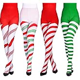 Geyoga 4 pcs Christmas Striped Tights Red Green High Stocking Full Length Stripe Stockings Spandex Tights(Novel Style)
