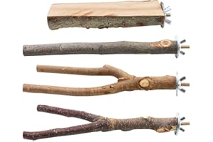 BILLIOTEAM 4 Pack Natural Wood Bird Perch Parrot Stand Branches Fork Toys,Pet Bird Cage Wooden Hanging Perch Platform Hammock Swing Toy for Small Parakeets,Budgies,Cockatiels,Conures,Finches