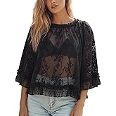 Women's Boho Flowy Lace Blouse Sexy Crew Neck See Through Ruffle Top Trendy Going Out Sheer Tops Y2k Streetwear