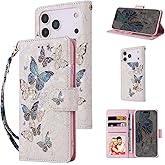UEEBAI Wallet Case for iPhone 17 Pro Max, Leather Phone Cover Kickstand RFID Blocking Flip Case Card Slots Wrist Strap Relief Engraved Pattern Magnetic Closure Flower Folio Wallet, Blue Butterfly