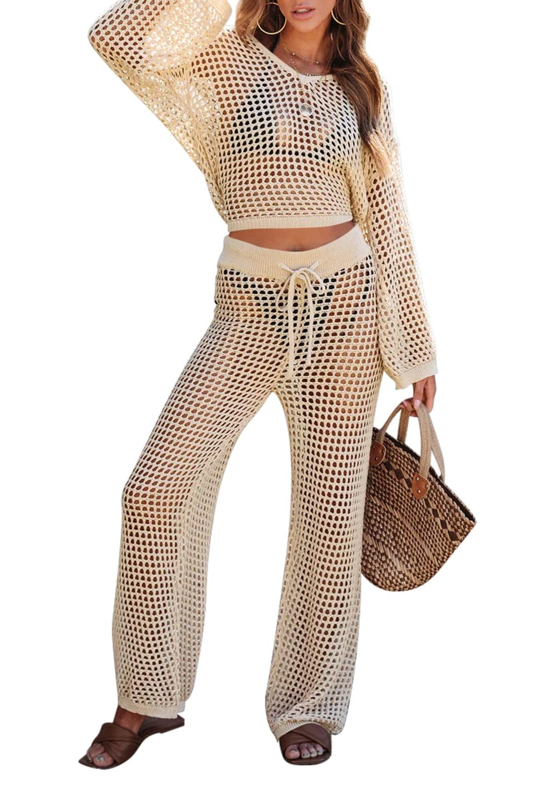 Photo 1 of Pink Queen Beach Cover Up Women Summer 2 Piece Crochet Knit Crop Top Bathing Suit Coverups Pants Outfits Apricot S