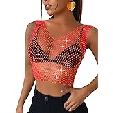 ChiaoLezhee Iridescent Rhinestone Tanks, Fishnet Rave Concert Outfits Women, Sheer Mesh Crop Top, Sexy Sparkly Festival Shirt