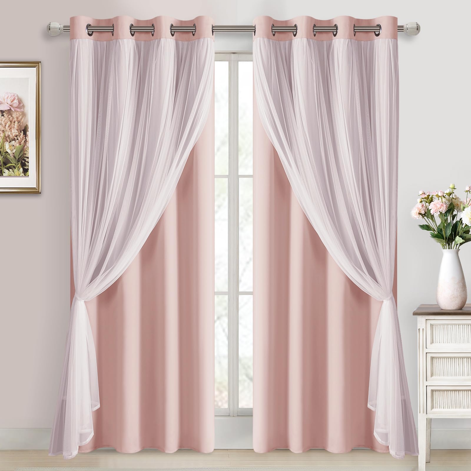 Photo 1 of ***SIMILAR ITEM ***  DWCN Layered Curtains Blackout and Sheer Curtains with Tiebacks Grommet Top Window Curtain Panels for Living Room, Girls Bedroom, Nursery, 52" x 84", Rose Blush, 2 Pieces **********The front is salmon-colored, and the back is white.**