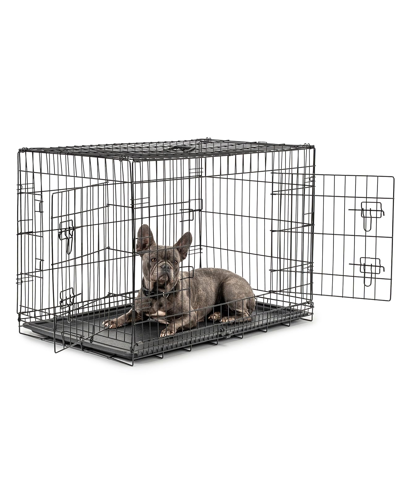 lionto Pet transport box for dogs and cats, multifunctional transport cage with hygienic plastic tray, 92x58x64 cm, metal dog box with sturdy safety catches & partition wall, black