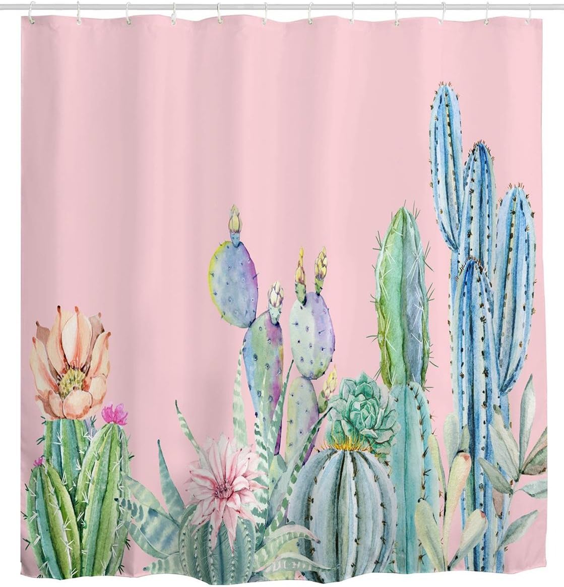 goodbath Cactus Flower Cacti Waterproof Mildew Resistant Polyester Fabric Bathroom Shower Curtain, 72W x 72H Inch, Pink Green