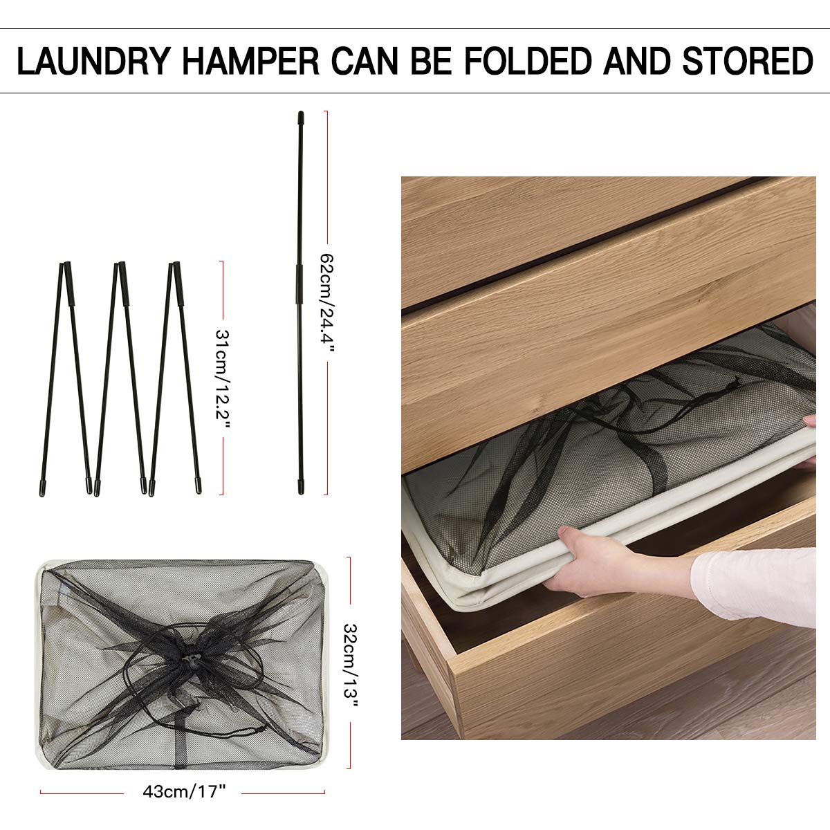 WISHPOOL Large Rolling Laundry Basket with Wheels Laundry Hamper for Laundry Collapsible Clothes Bag Basket Stand Square Laundry Cart Storage Bin (Beige)