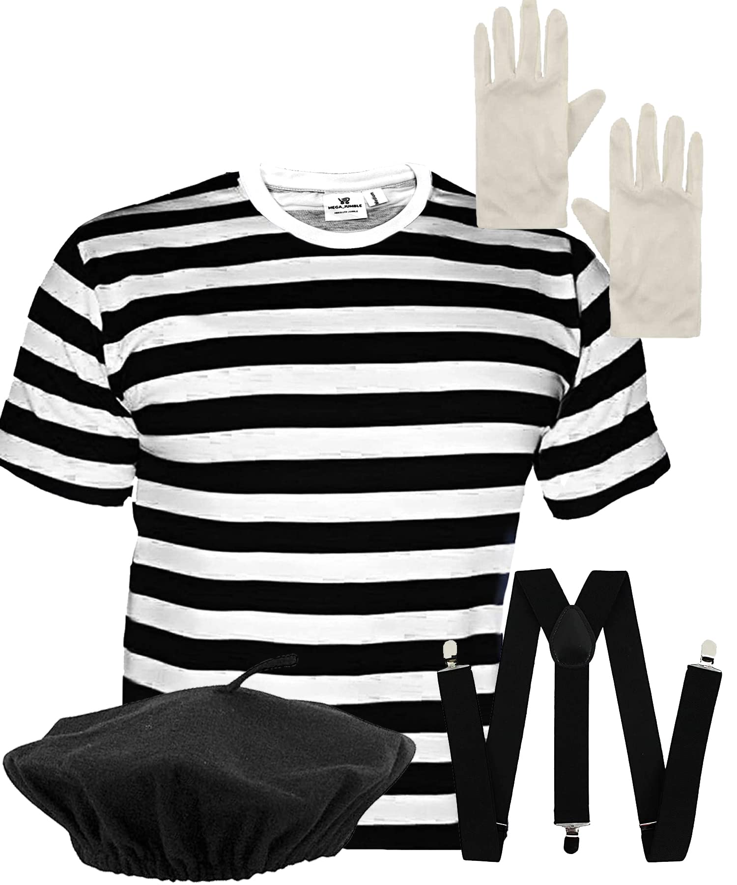 Mega_JumbleSale® Mens 4Pc Black & White French Mime Artist - T-Shirt, Beret Hat, Gloves, Suspender Braces ~ Theatrical Circus Performer Carnival Fancy Dress Costume Outfit (L)