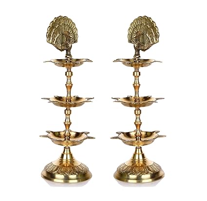 Hashcart Handmade Indian Brass Panchmahal Diya Lamp Engraved 3 in 1 Adjustable Dia (Set of 2) (Gold)