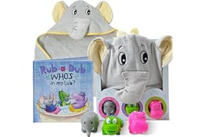 Tickle & Main 5-Piece Rub-a-Dub Gift Set, Baby Shower Bath Set Includes Elephant Hooded Towel, 3 Jungle Safari Squirt Toys, a