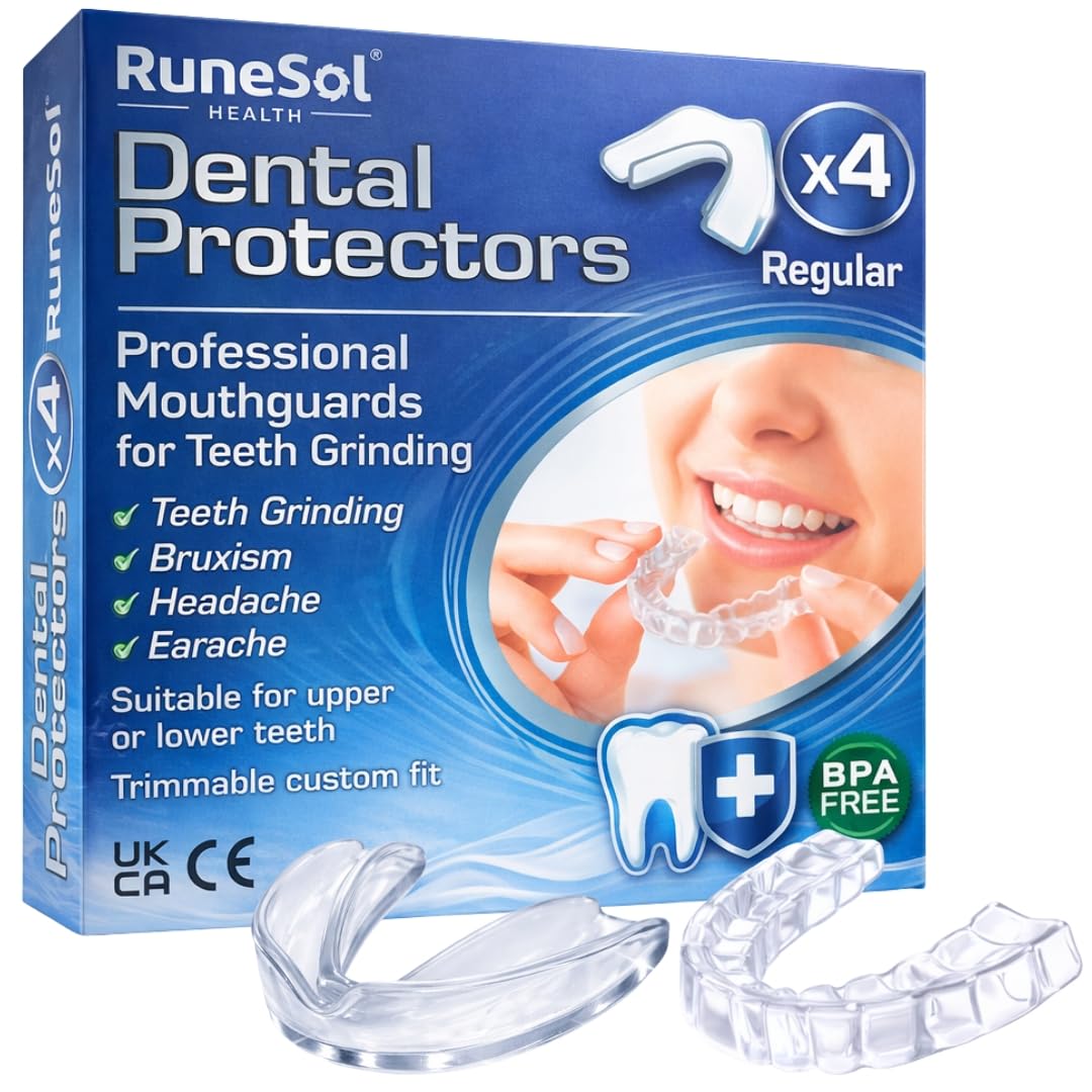 Runesol Mouth Guard for Teeth Grinding, 4 x Regular, Gum Shield for Teeth Grinding, Bruxism Mouthguard, Night Tooth Guard for Adults,Stop Grinding Teeth Dental Protector,Class 1 Medical Device UKCA CE