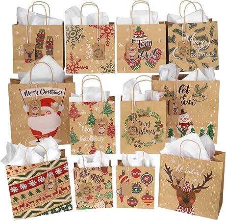 Amazon Co Jp Nuolux クリスマス ラッピング袋 紙袋 手提げ袋 プレゼント用 12枚入り 12デザイン 三つサイズ 文房具 オフィス用品