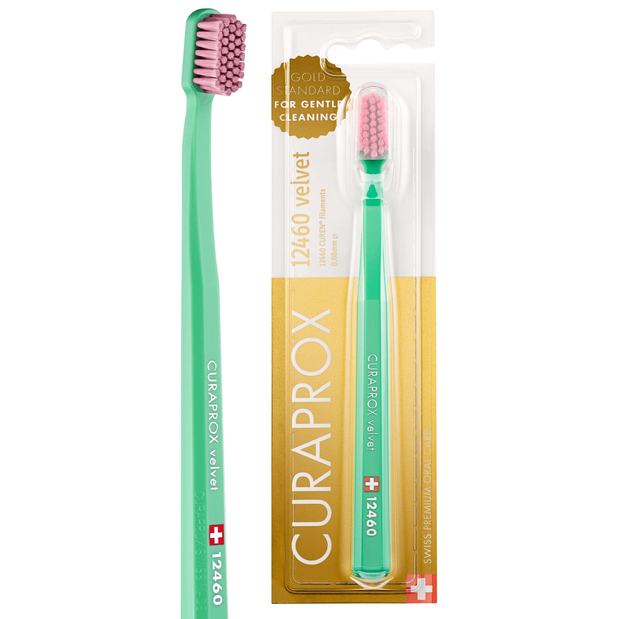 Curaprox CS 12460 Velvet Soft Toothbrush – Sensitive Gum Care | Ultra-Gentle Cleaning with 12,460 Filaments | Single Pack, Light Green-Pink | Made in Switzerland
