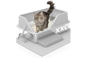 Stainless Steel Litter Box XL for Big Cats, Large Metal Cat Litter Box, High Sided Stainless Steel Pan Litterbox, Easy Clean Non-Stick, Included Scoop & Pedal & Mat, Light Grey