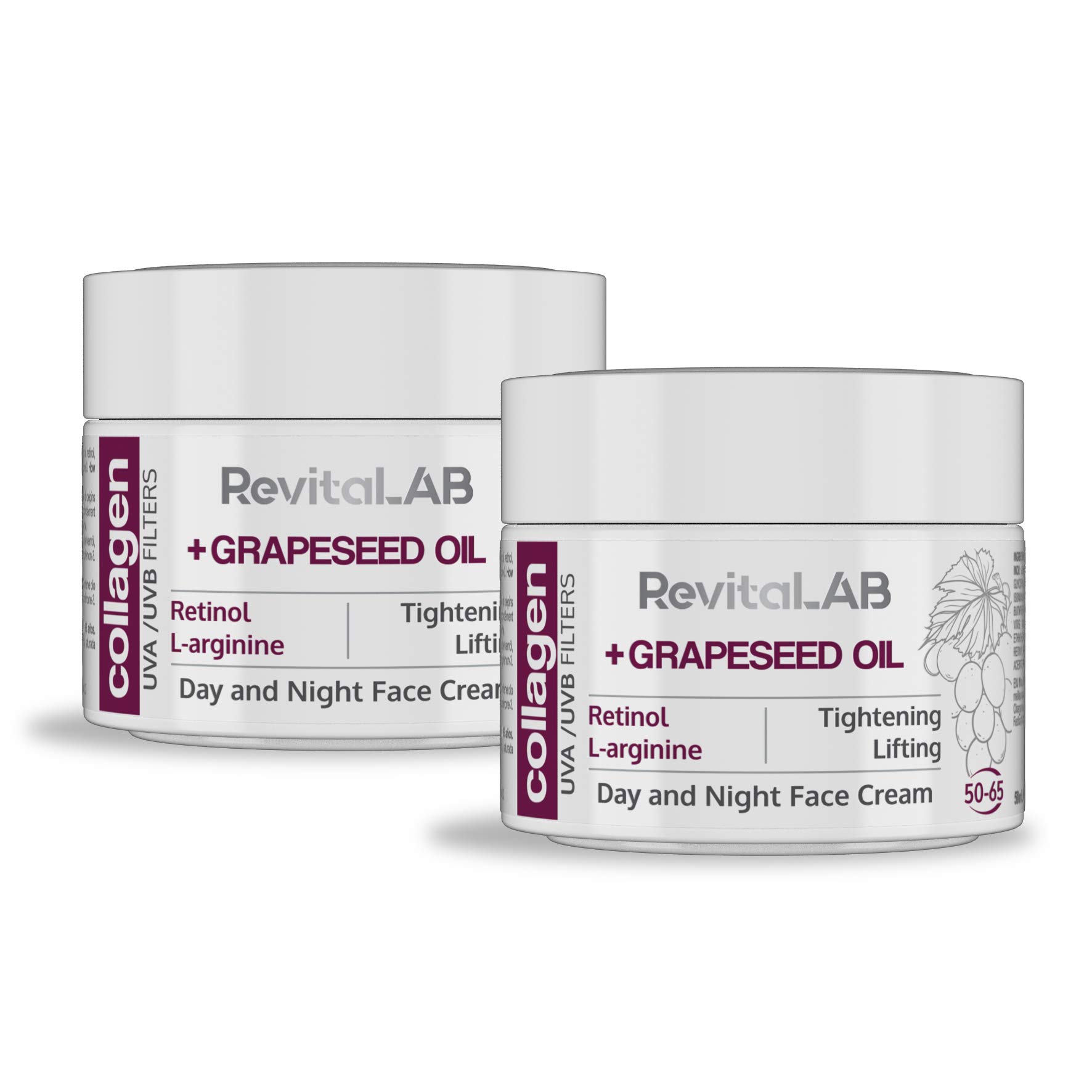RevitaLAB Day and Night Collagen Anti-Ageing Moisturiser, Enriched with Hyaluronic Acid, L-Arginine, Retinol, Grapeseed Oil and a UVA/UVB Filter, for Ages 50 - 65, 2x 50 ml (Multipack)