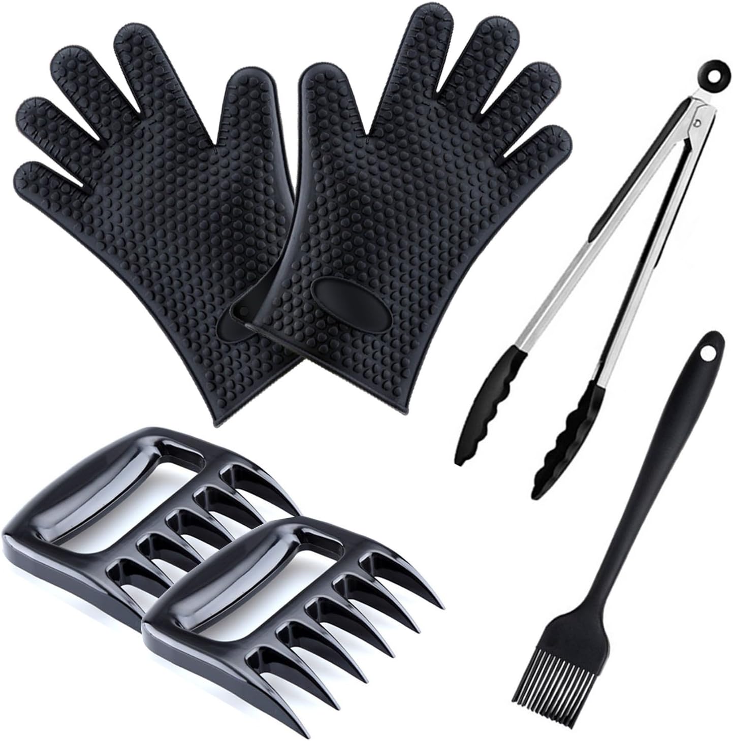 4-In-1 BBQ Set, SILICONE GLOVES, Barbecue Tweezers, Grill Brush, Meat Claw, Heat-resistant Silicon Grill & Kitchen Tools - Black