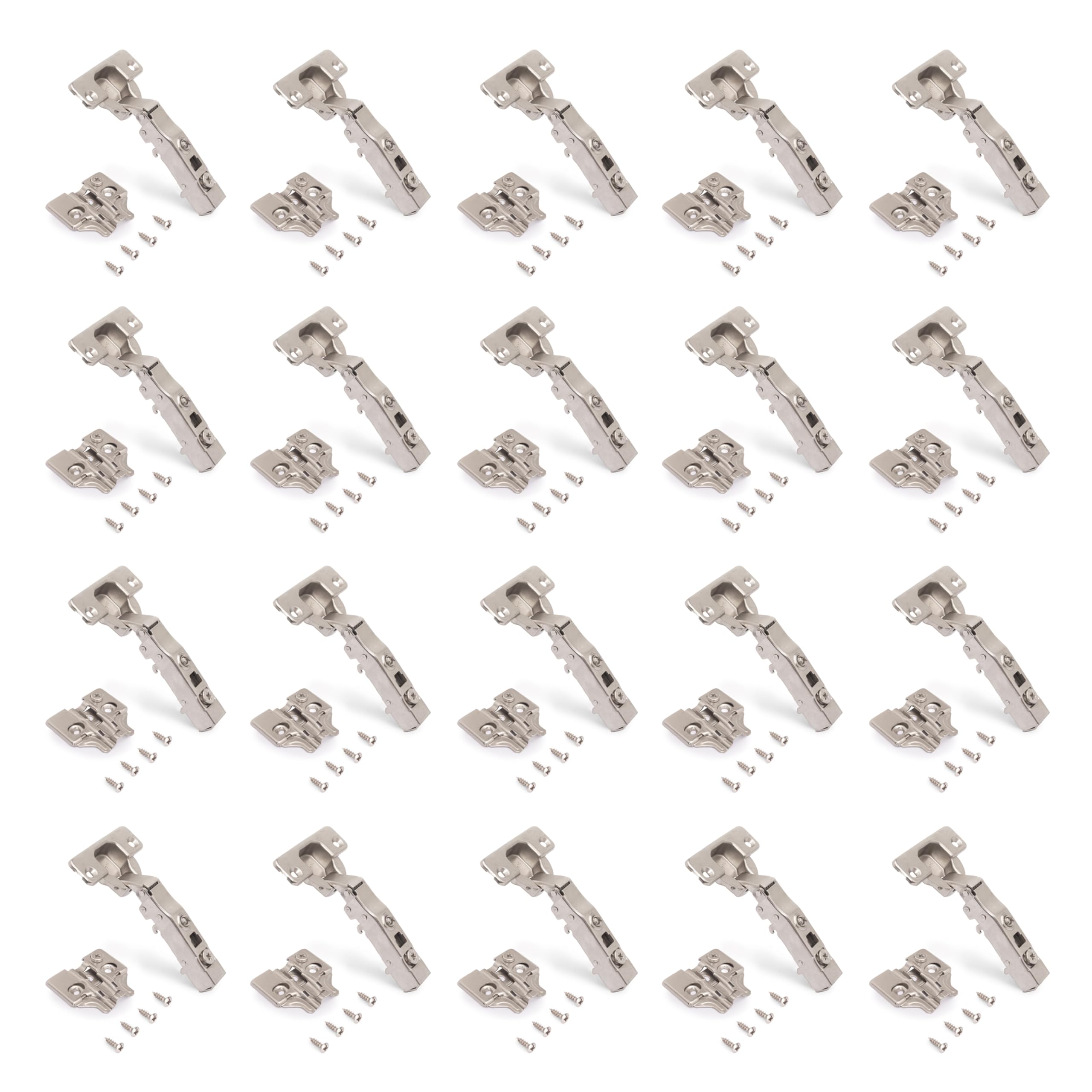 Emuca - Set of 20 Straight Hinges X91N with Screw-on Inserts, Height 0, Steel, Opening 105º, Nickel Plated.