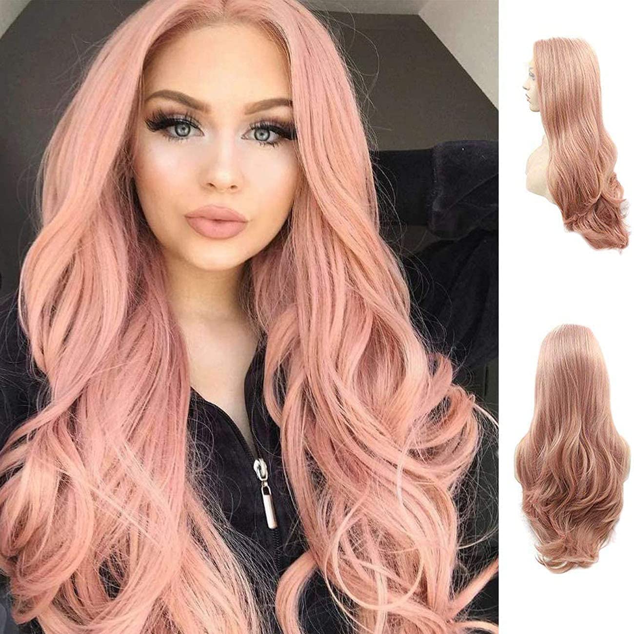 Pink Lace Front Wigs for Women Long Curly Wavy Rose Gold Pink Wigs Wonder Girl Peach Pink Syntehtic Hair Wig High Temperature Fiber Hair Replacement Wigs Cosplay Drag Halloween Wig — image 1
