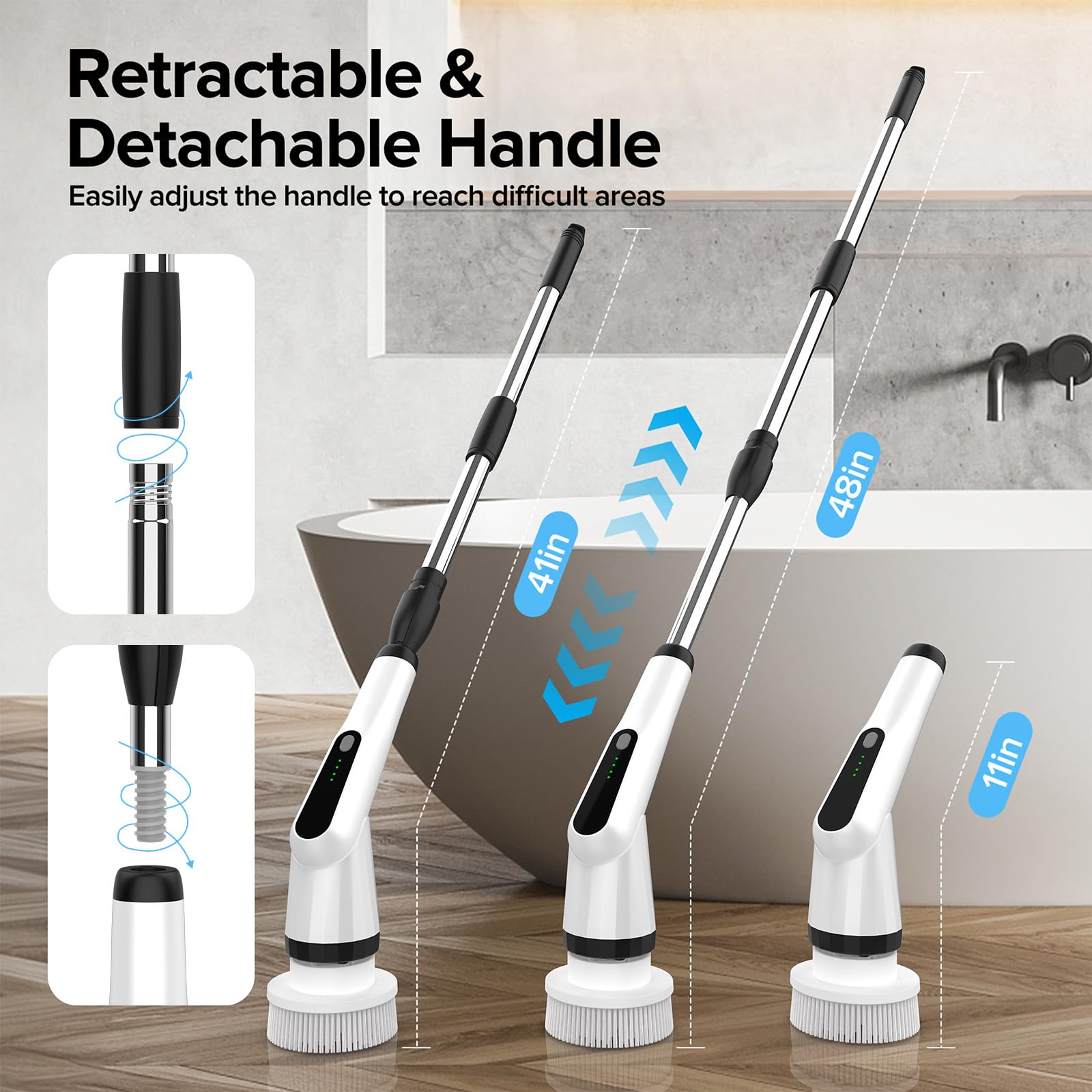 Electric Spin Scrubber, Dreazu IPX7 Bathroom Scrubber with 7 Replaceable Floor Machine Pads & Retractable Handle, 2-Speed Adjustable Shower Cleaner Brush for Bathroom, Bathtub, Kitchen, Tile Floors