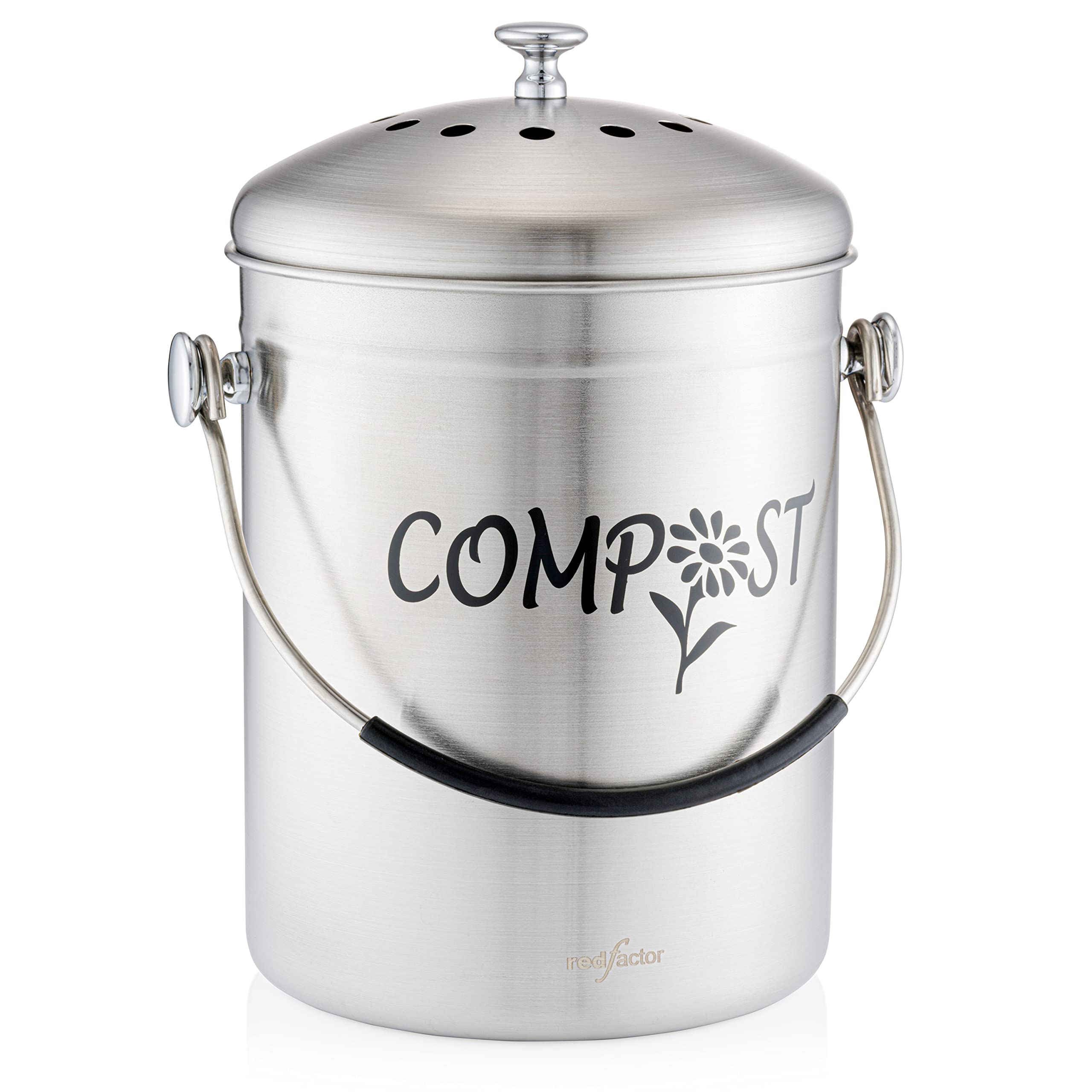 RED FACTOR Deluxe Compost Bin for Kitchen Worktop - Stainless Steel Food Waste Caddy with Innovative Dual Filter Technology - Includes Replacement Filters (Matt Designer, 5L)
