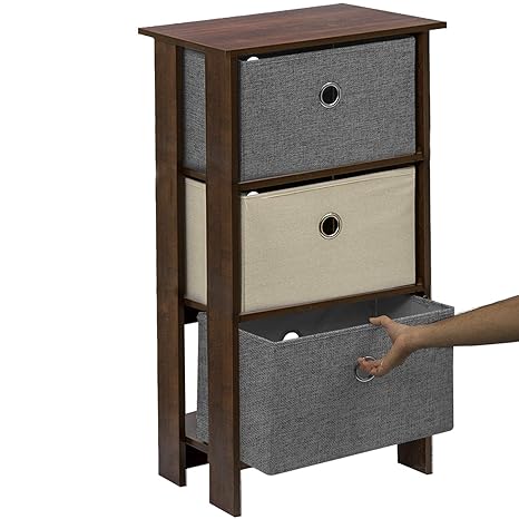 Klaxon Protea Wooden Table Storage Cabinet with 3 Fabric Drawer Chest - Walnut with Cream & Grey
