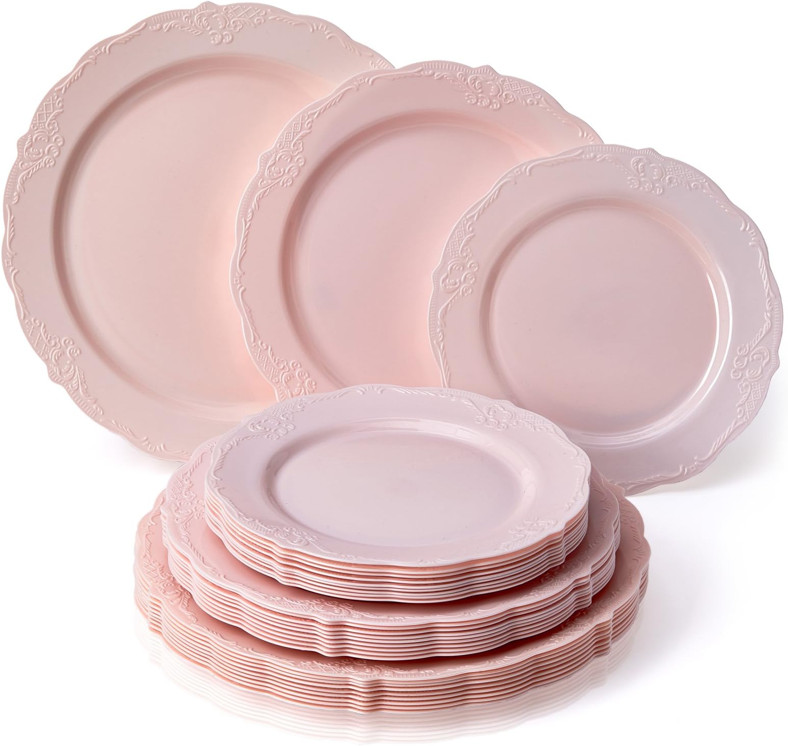 PARTY DISPOSABLE 30 PC DINNERWARE SET | 10 Dinner Plates | 10 Salad Plates | 10 Dessert Plates | Heavyweight Plastic Dishes | Fine China Look | Upscale Wedding and Dining (Vintage Collection - Blush)