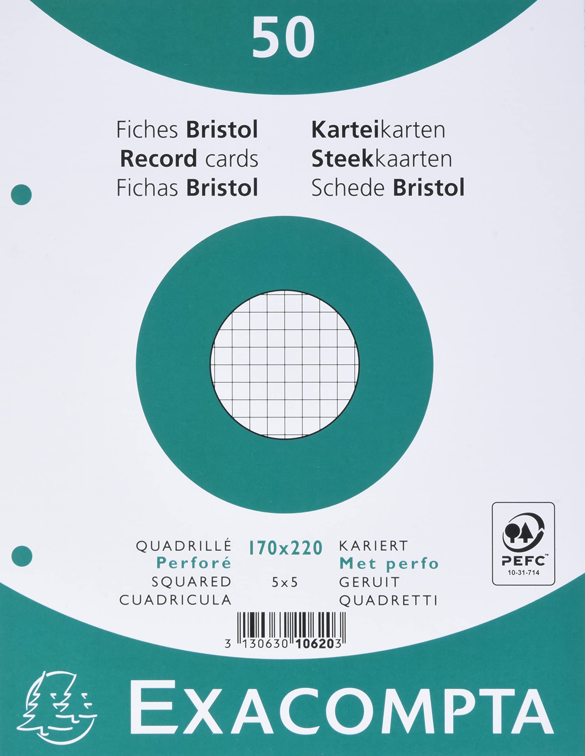 Exacompta - Ref 10620E - Bristol Squared Records Cards (Pack of 50) - 170 x 220mm in Size, 205gsm Card, Compatible with Printers - Suitable for Exam Revision & Notes - White — image 1