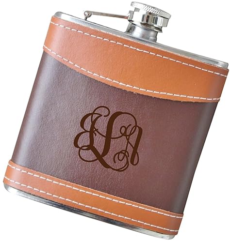 6 oz Script Monogram Flask, Genuine 2-Tone Leather Flask - F40.FSK128