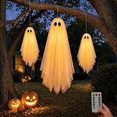 3 Pack Pre-Assembled Hanging Ghosts Halloween Decorations with Warm Glow,Ghost Decor with Remote Timer &amp; Upgraded Double-Layer Sheet, Swinging Ghost for Indoor Outdoor Tree Porch Yard Garden Party