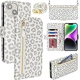 Lipvina for iPhone 14/13 Wallet Case for Women,Zipper Pocket,PU Leather Phone Case Stand flip Cover Crossbody Lanyard Strap Zipper Credit Card Holder Slots for Apple 14/13,White Leopard