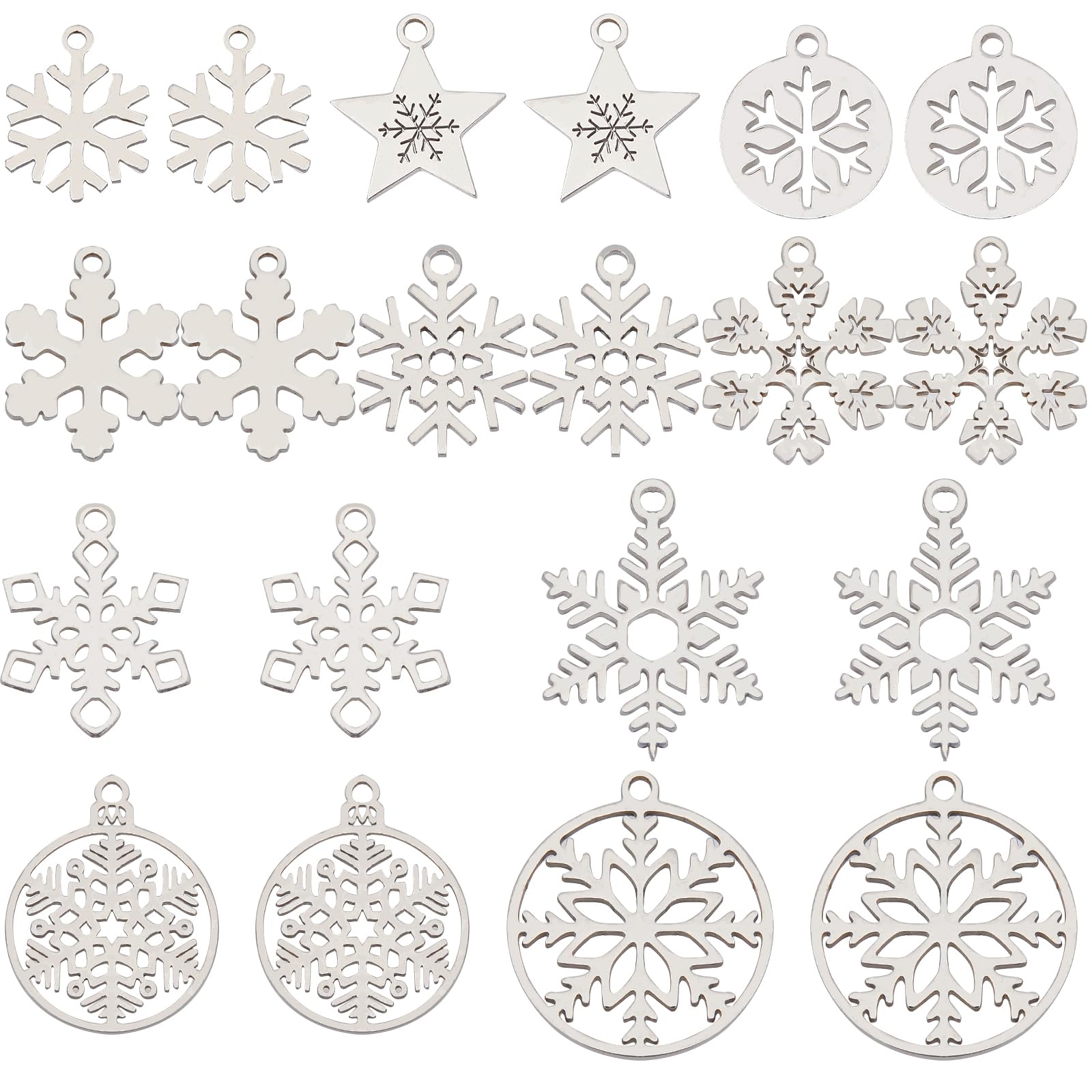 SUNNYCLUE 1 Box of 20 Snowflake Charms, Snow Charm, Winter Stainless Steel, Double-Sided Hollow Charm, Star, Flat, Round, Christmas Pendant for Jewellery Making, Pendant, DIY Necklace, Earrings