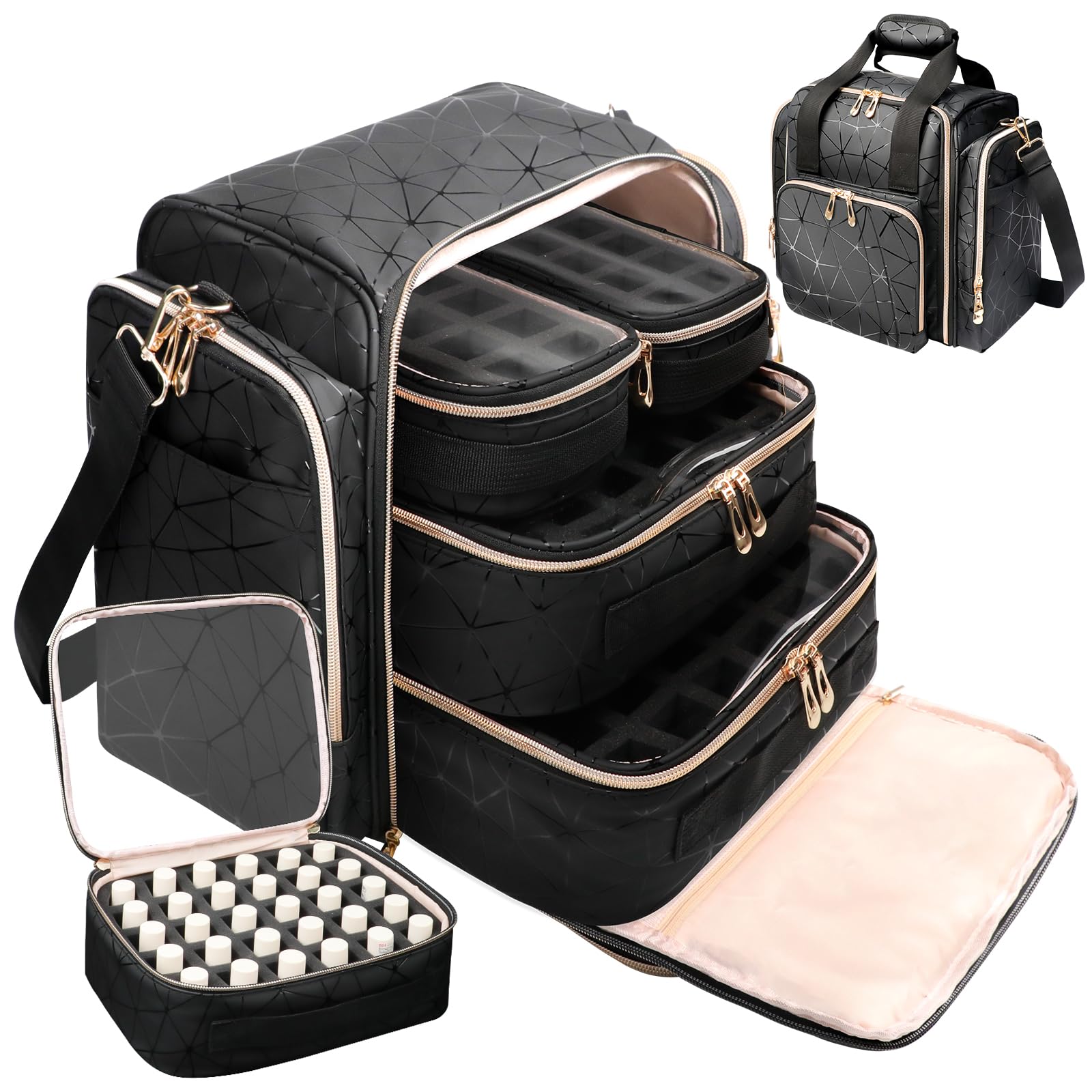 Photo 1 of ahzske Large Nail Polish Organizer Bag Holds 80 Bottles (15ml/0.5 fl.oz), Portable Nail Lamp Kit Shoulder Case with 4 Removable Pouches, Multiple Pockets for Nail Supplies Storage PU Leather (Black)