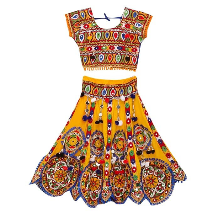 Banjara By Hopscotch Girls 100% Cotton Kutchi Embroidered Chaniya Choli in Yellow Color