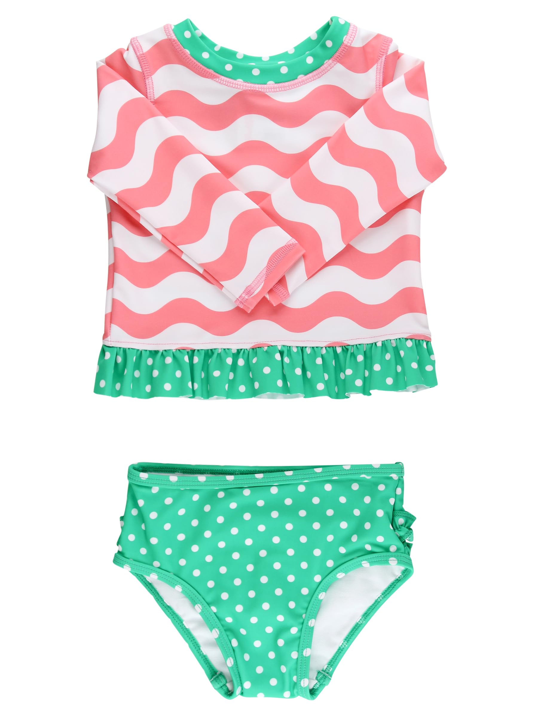 RuffleButts Baby/Toddler Girls Long Sleeve Rash Guard UPF50+ Sun Protected Bikini Swimsuit - Bubblegum Pink Wavy Stripe, 8 Image