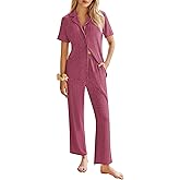 Ekouaer Womens Rib Knit Pajamas Button Up Lounge Sets Short Sleeve Top and Long Pants Matching Pjs Sleepwear Loungewear
