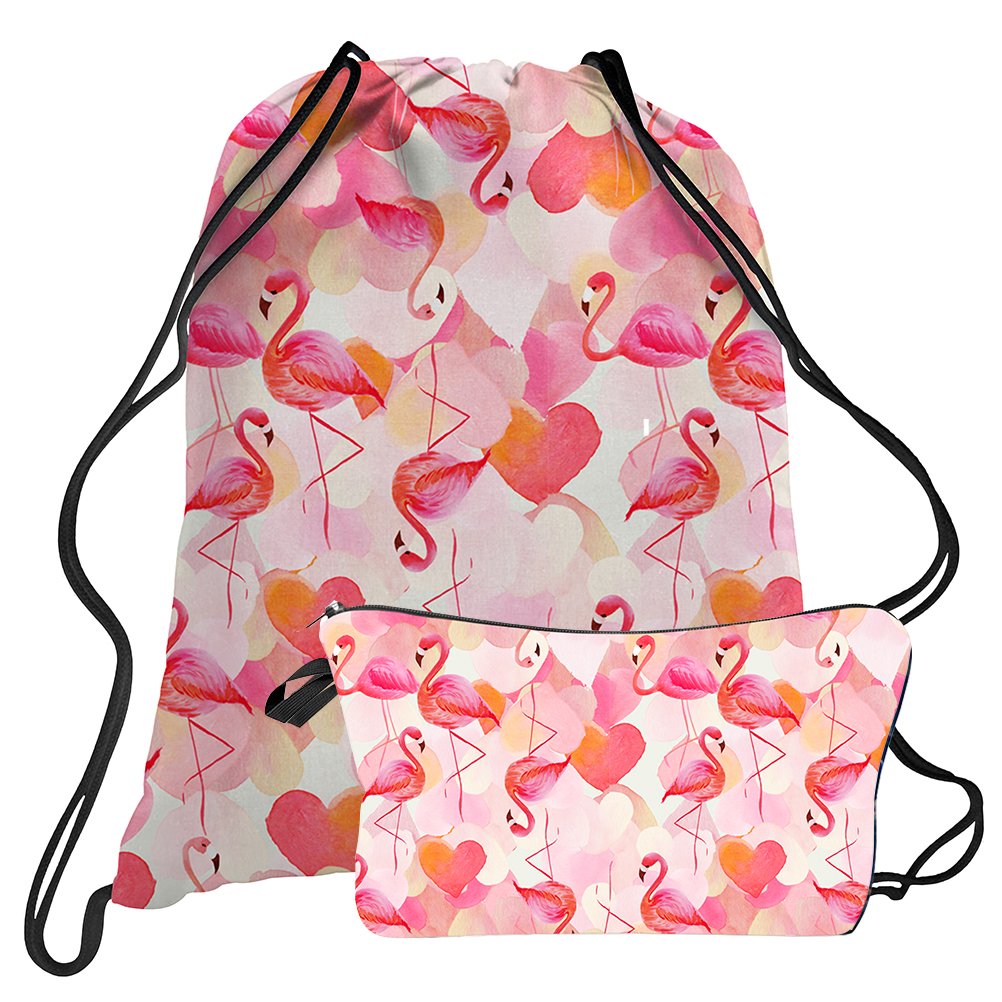 TUONROAD Cute Drawstring Dance Bag Small Cinch Sack Hot Pattern Pink Flamingo Orange White Heart Shape Cosmetic and Toiletry Bags Gift for Girls Ladies Shopping Hiking Jogging