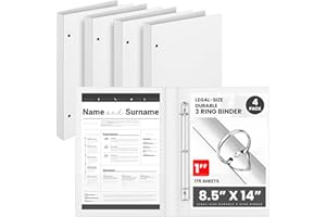 Henoyso 4 Pcs Legal Size Binder 3 Ring 1" Durable White Binders for 8.5" x 14" Paper Hold up to 175 Sheets for Documents Artwork Blueprints, Office, Home, Work Places