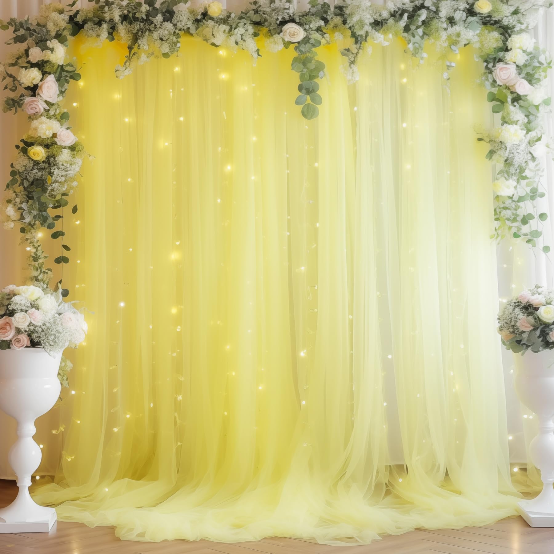 Photo 1 of 10ft x 10ft Yellow Backdrop Curtain with Lights String for Parties, Sheer Tulle Wedding Photo Backdrops Drapes for Baby Shower Birthday Party Decorations Background for Photography
