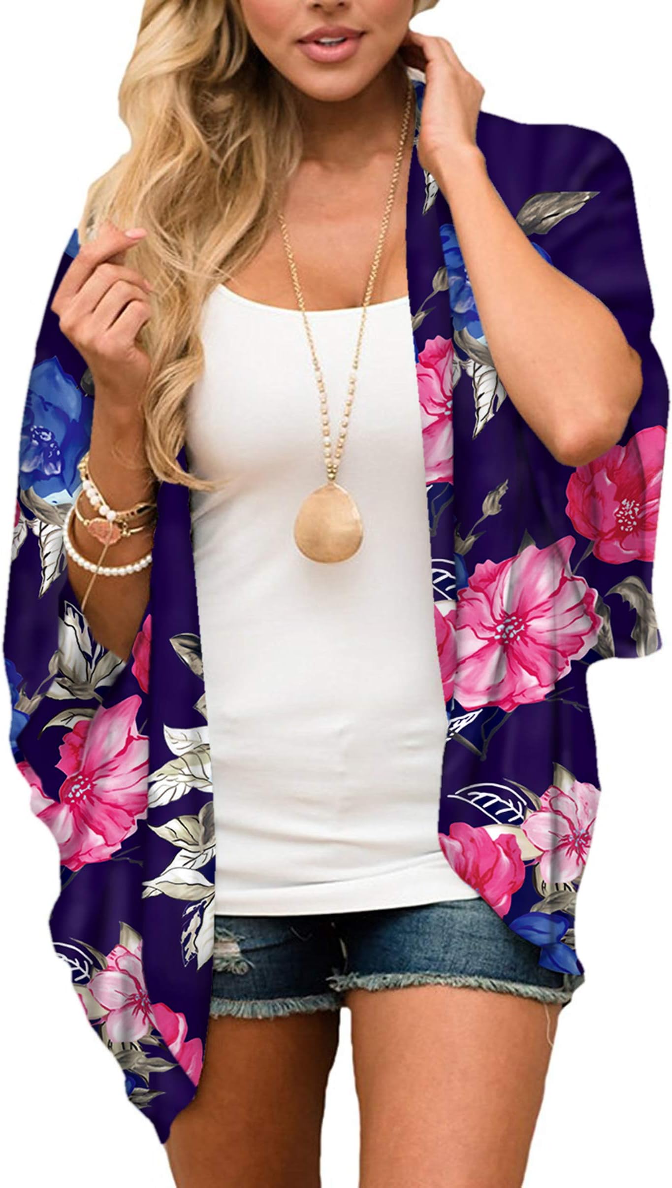 Hibluco Women's Fashion Floral Print Kimono Cardigan Long Tops Loose Cover Ups