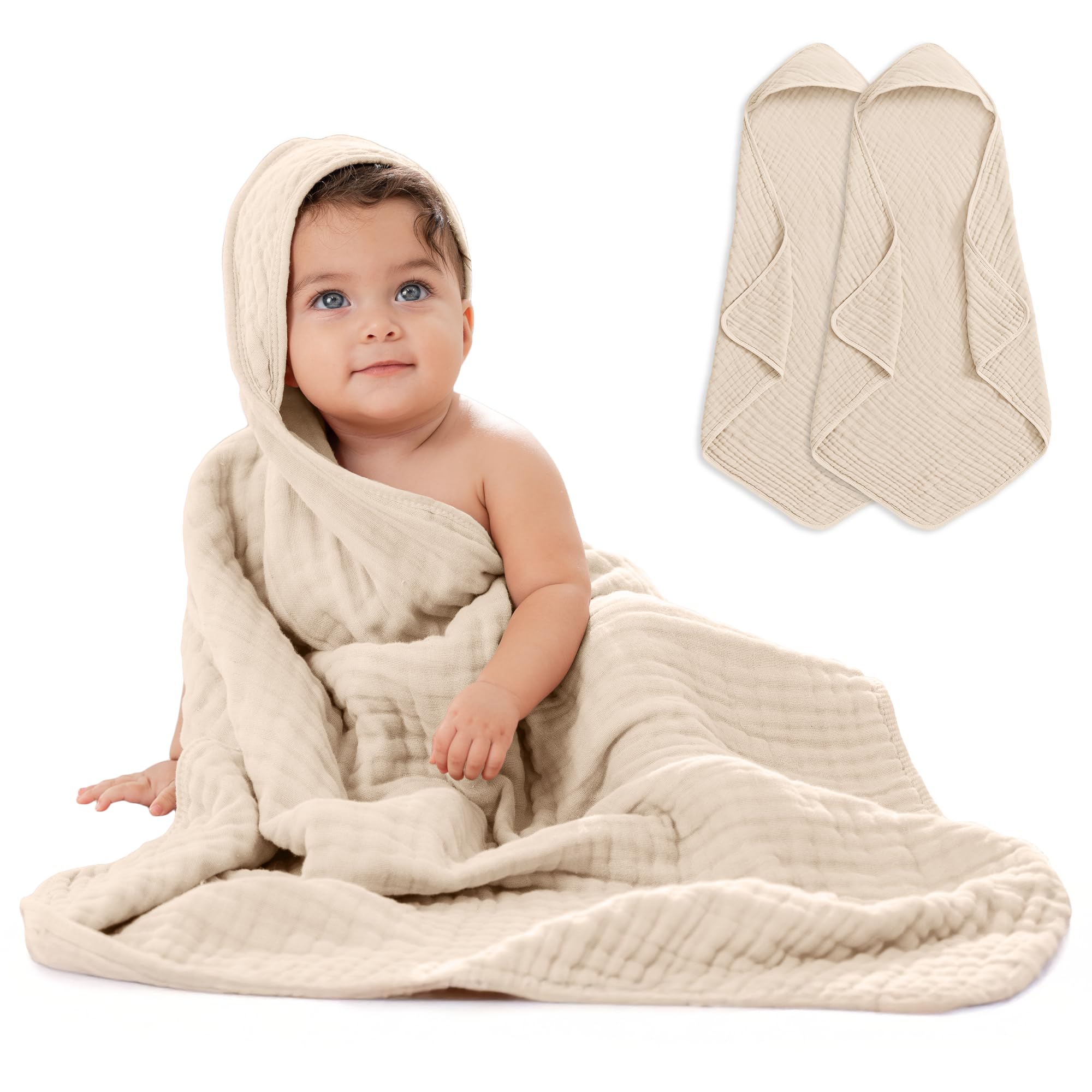 Photo 1 of Comfy Cubs Hooded Baby Towel 2-Pack, Large 32 x 32 Inch - 6 Layer 100% Muslin Cotton for Babies, Toddlers and Kids - Soft & Absorbent Baby Bath Towels - Unisex Design for Bath Time - Sand