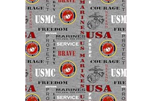 SYKEL ENTERPRISES US Military Cotton Fabric with Heather Grey Ground and Logos-Sold by The Yard (Marines)
