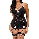 VONMELLI Sexy Stocking Garter Belt Lingerie Set for Women Lace Up Corset Babydoll with Panty