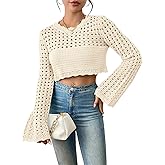 Women's Crochet Lightweight Crop Sweaters Summer Boho Tops Long Sleeve Hollow Out Short Knitwear