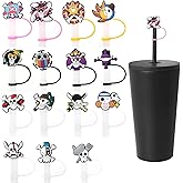 Pounchi Cool Anime Straw Covers (15 Pcs) 6-8 mm (0.2-0.3 Inch), Silicone Reusable Drinking Straw Cap Lids Cap Dust-proof Straw Plug Gifts for Teens
