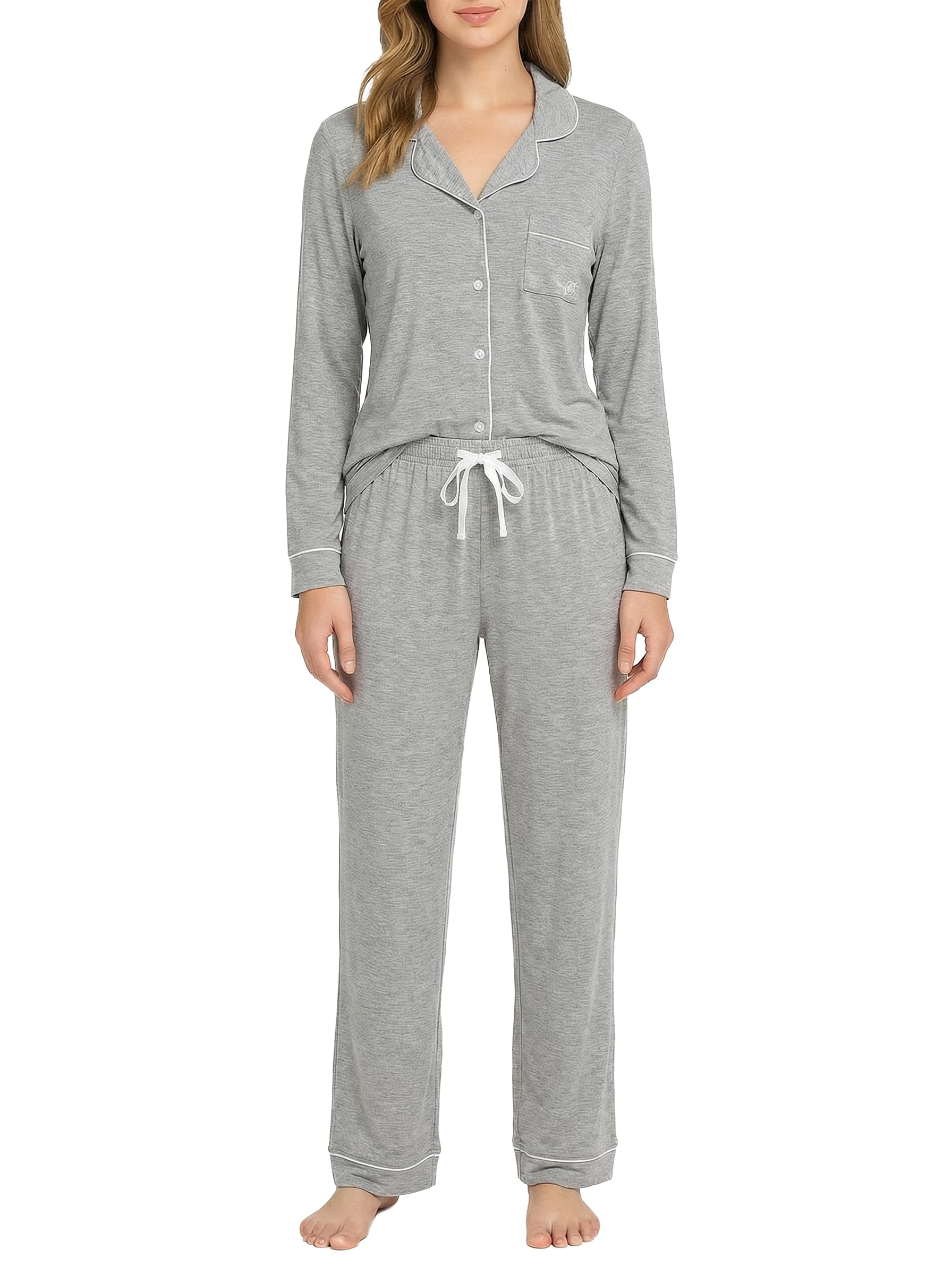 BORN Soft Button Up Pajamas for Women, Long Sleeve Button Down Pajama Set with Pants, PJ Sets (Grey, Small)